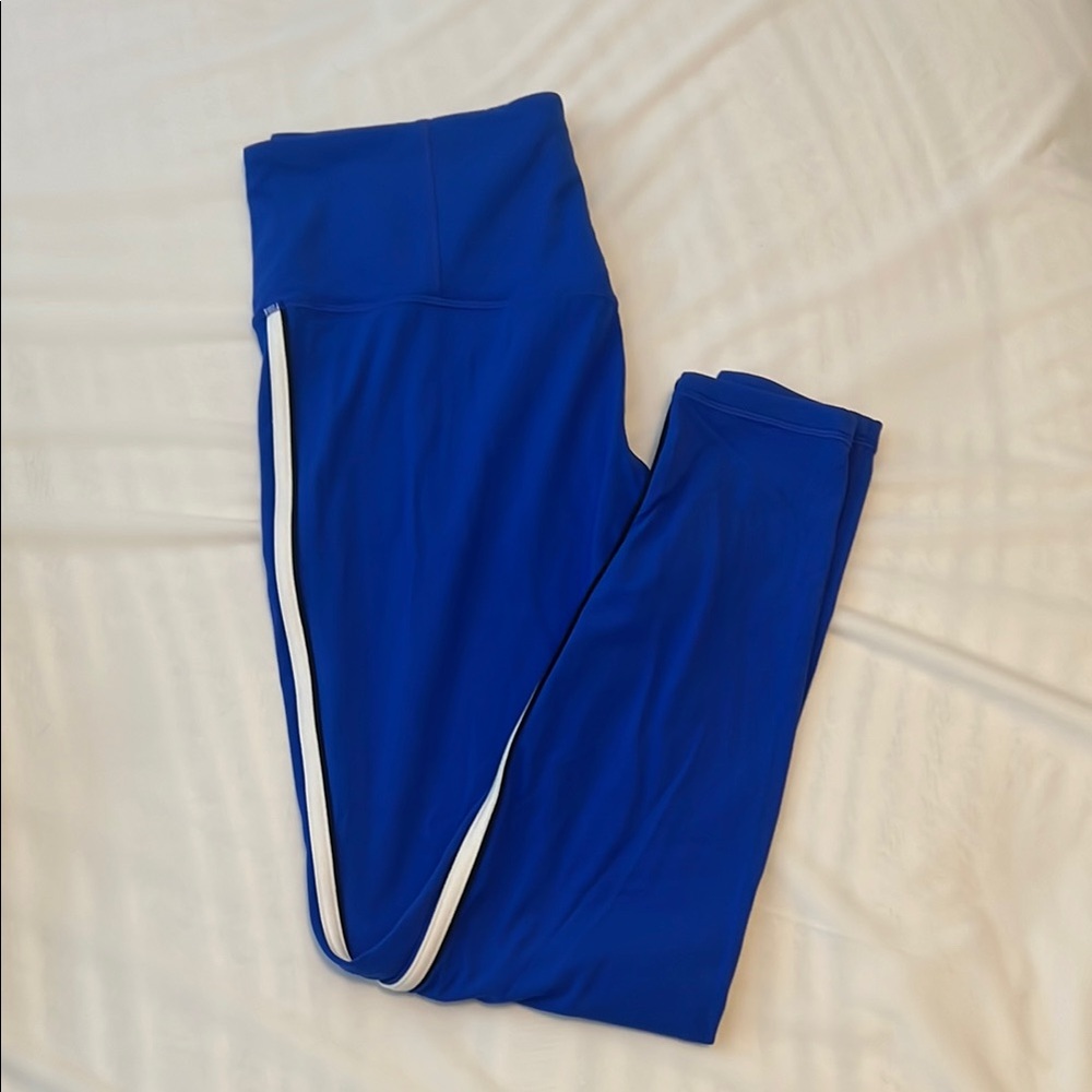 Athleta Elation ultra high rise legging, blue with black/white piping, large